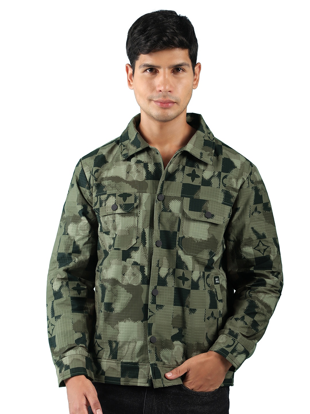 

Beyoung Men Camouflage Woollen Crop Denim Jacket, Green