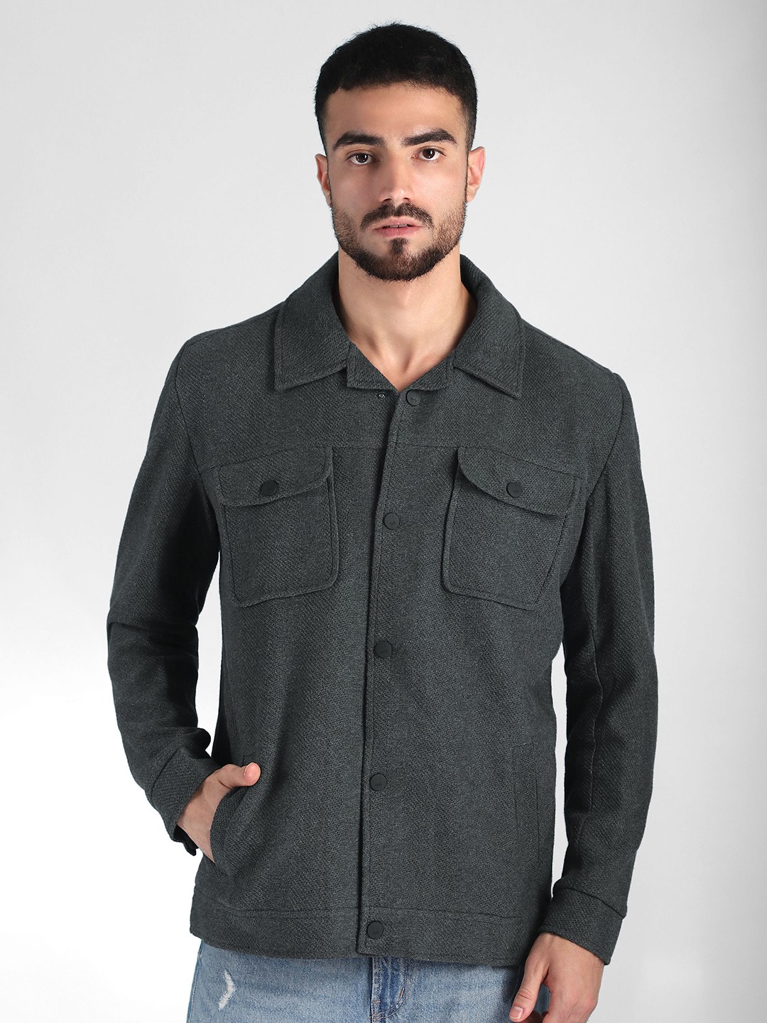 

Beyoung Men Woollen Tailored Jacket with Patchwork, Grey