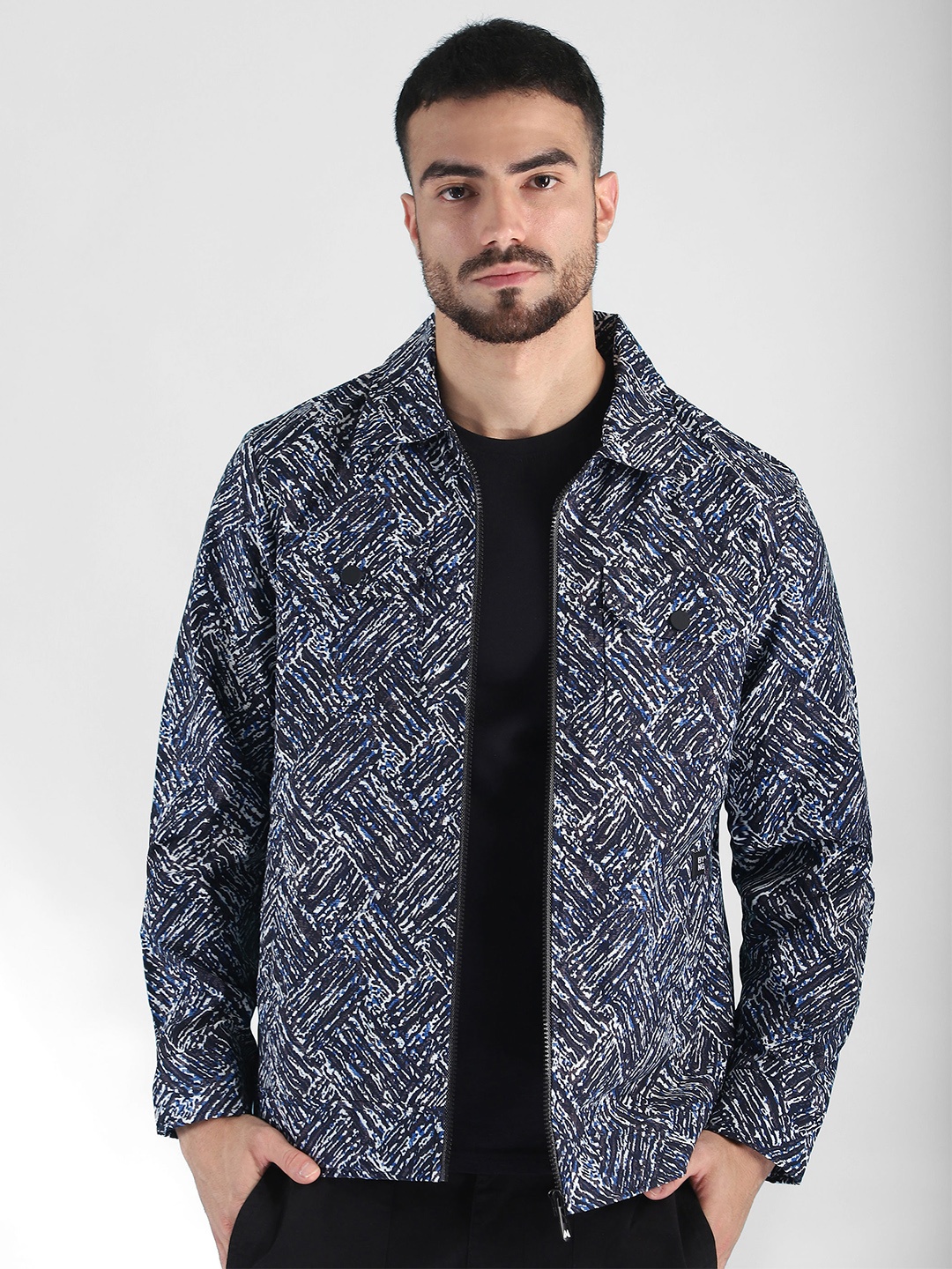 

Beyoung Men Geometric Woollen Bomber Jacket, Blue