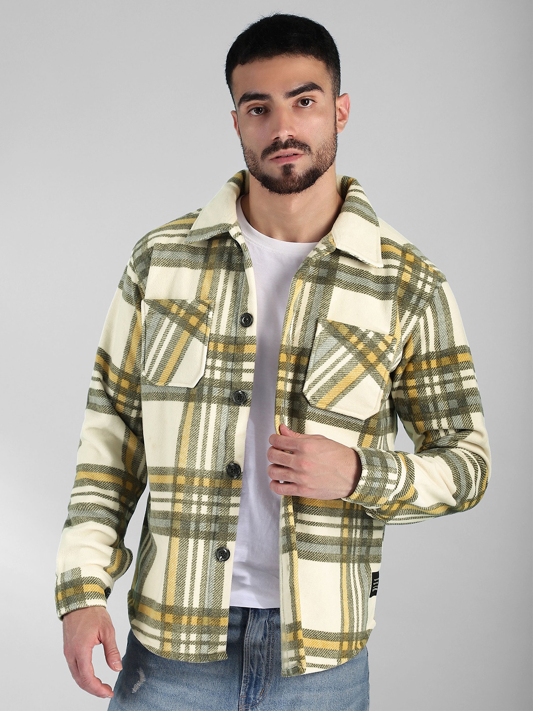 

Beyoung Men Checked Woollen Longline Bomber Jacket, Blue