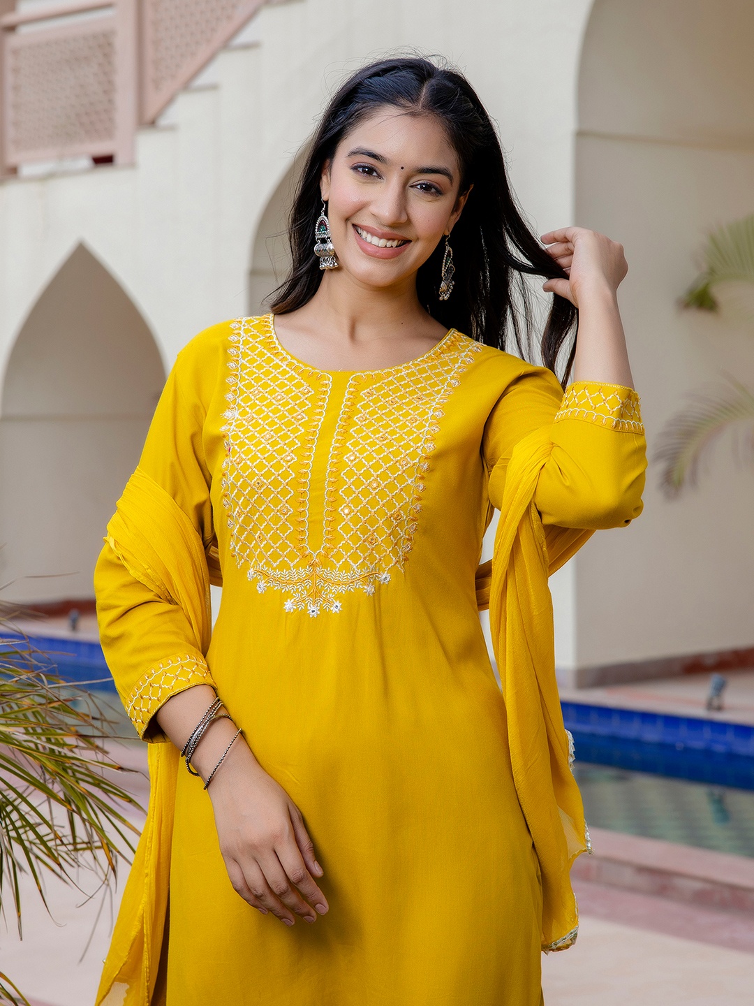 

Anouk Yellow Floral Embroidered Pure Cotton Straight Kurta With Trousers & Dupatta