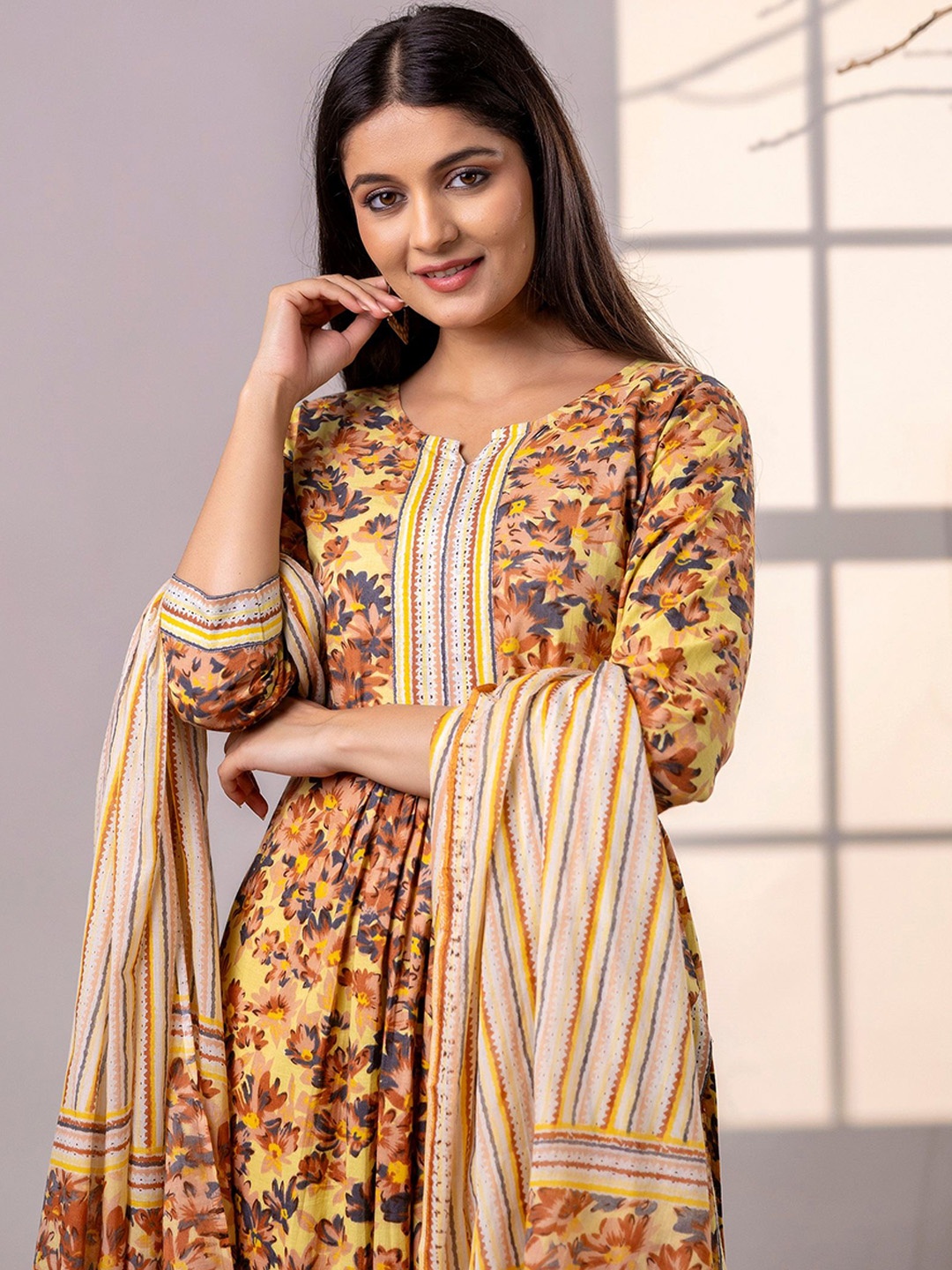 

Anouk Yellow Floral Printed Notch Neck Pure Cotton Straight Kurta With Trousers & Dupatta