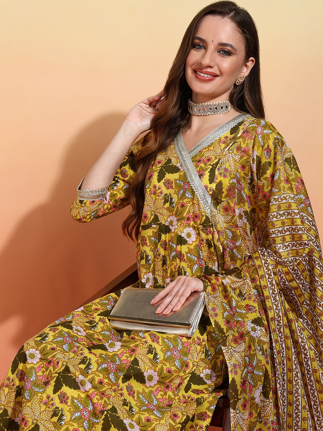 

Anouk Yellow Floral Printed Gotta Patti Pure Cotton Anarkali Kurta With Trousers & Dupatta