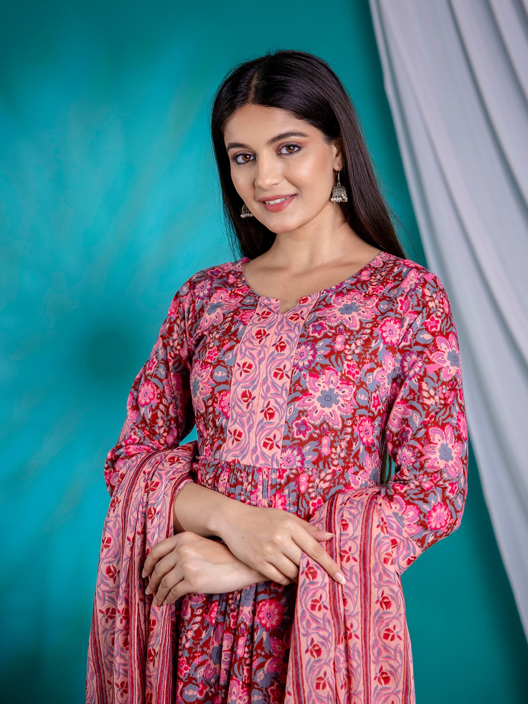 

Anouk Floral Printed Regular Pure Cotton Straight Kurta with Trousers & Dupatta, Pink