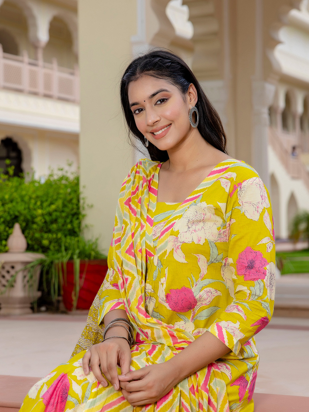 

Anouk Yellow Floral Printed Square Neck Pure Cotton Anarkali Kurta With Trousers & Dupatta