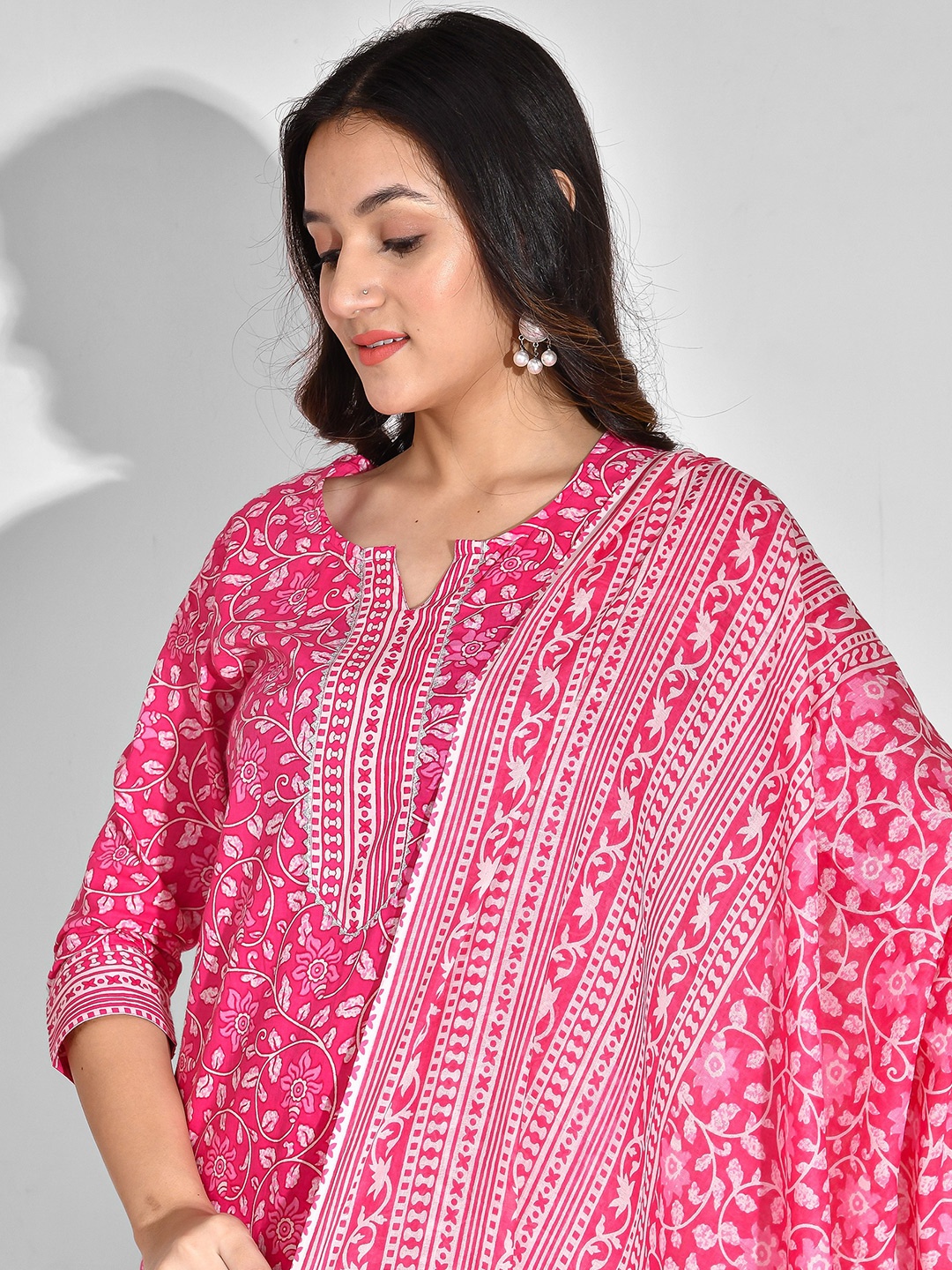 

Anouk Pink Floral Printed Notch Neck Pure Cotton Straight Kurta With Trousers & Dupatta