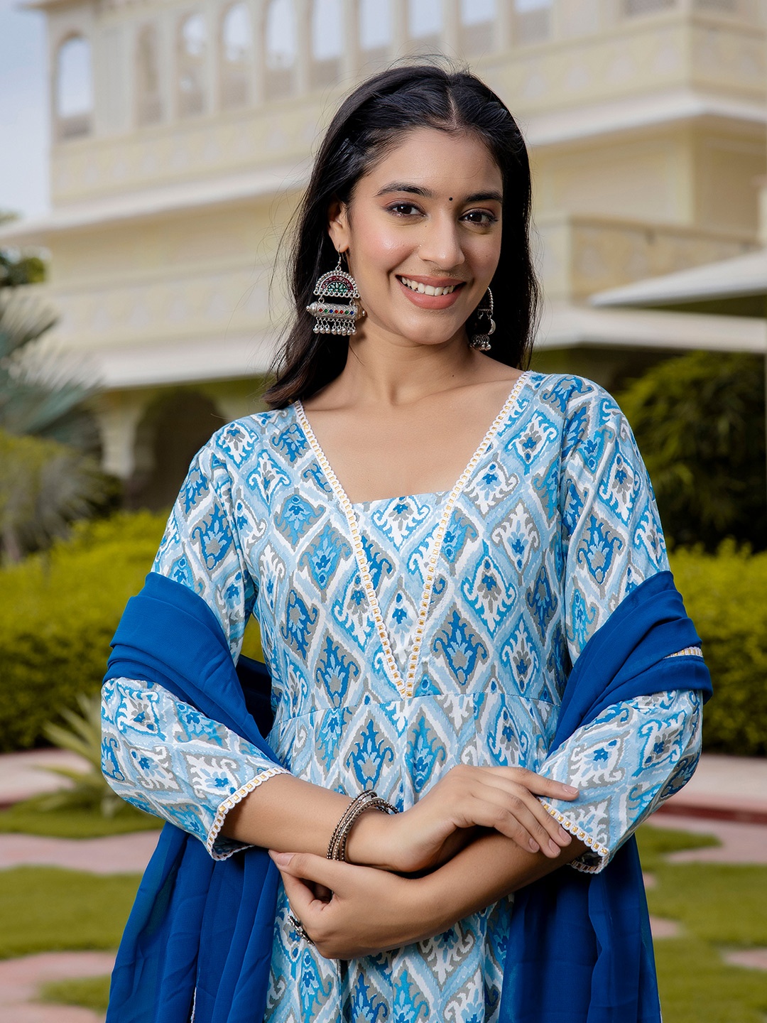 

Anouk Blue Ethnic Motifs Printed Pure Cotton Anarkali Kurta With Trousers & Dupatta