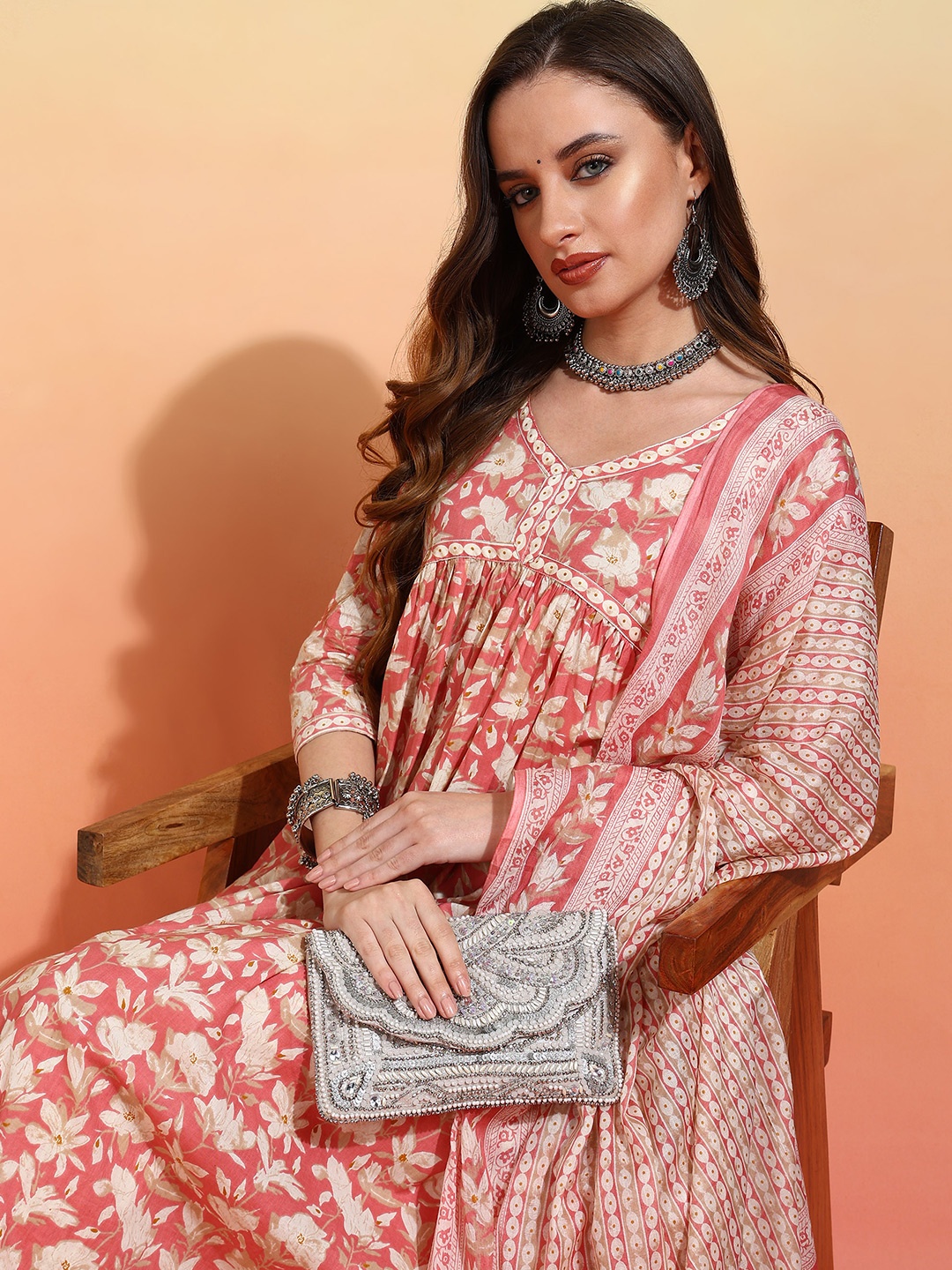 

Anouk Floral Printed Pleated Pure Cotton A-Line Kurta with Trousers & Dupatta, Peach