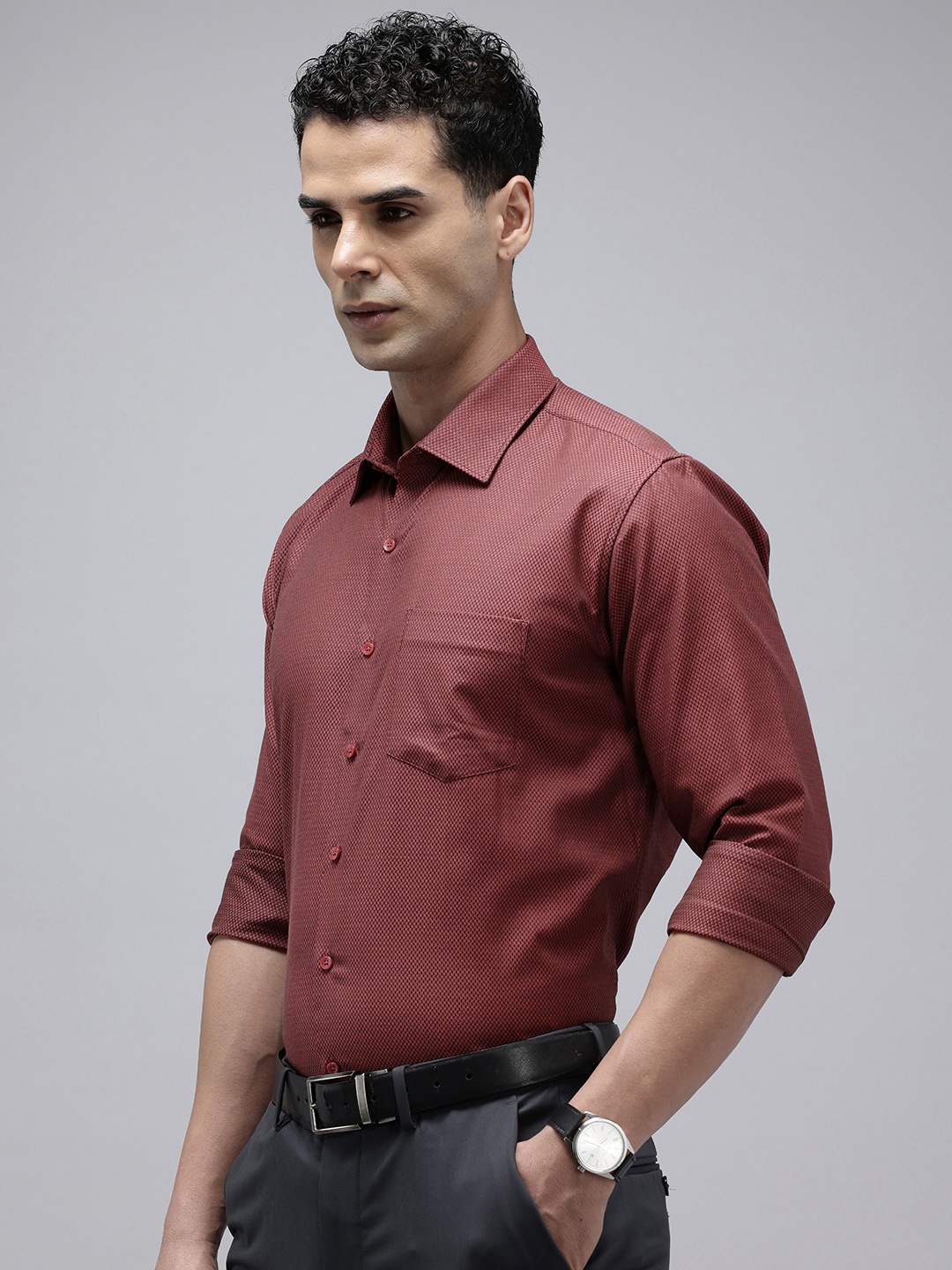

Van Heusen Pure Cotton Self Design Textured Slim Fit Opaque Formal Shirt, Maroon