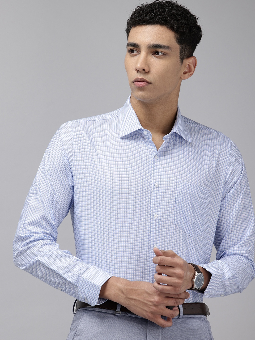 

Van Heusen Pure Cotton Slim Fit Opaque Checked Formal Shirt, Blue