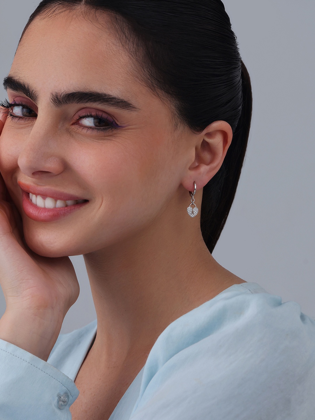 

Kushal's Fashion Jewellery Rhodium Plated Zircon Studded Heart Shaped Hoop Earrings, Silver