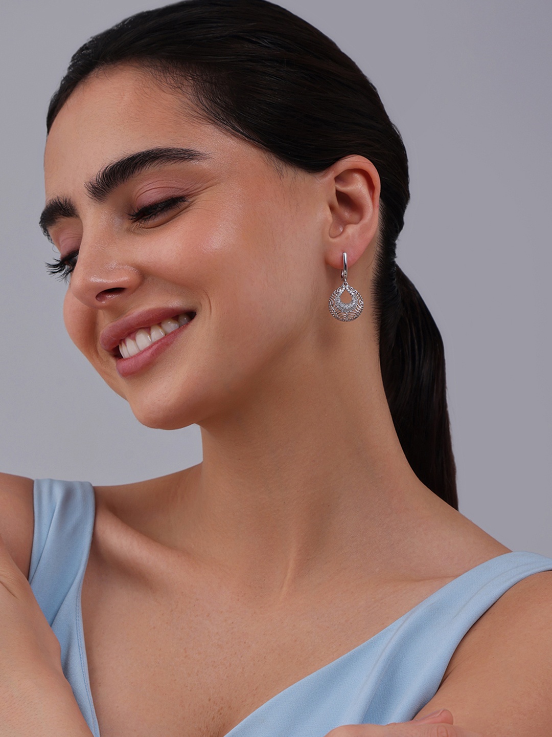 

Kushal's Fashion Jewellery Rhodium-Plated Zircon Studded Classic Drop Earrings, Silver