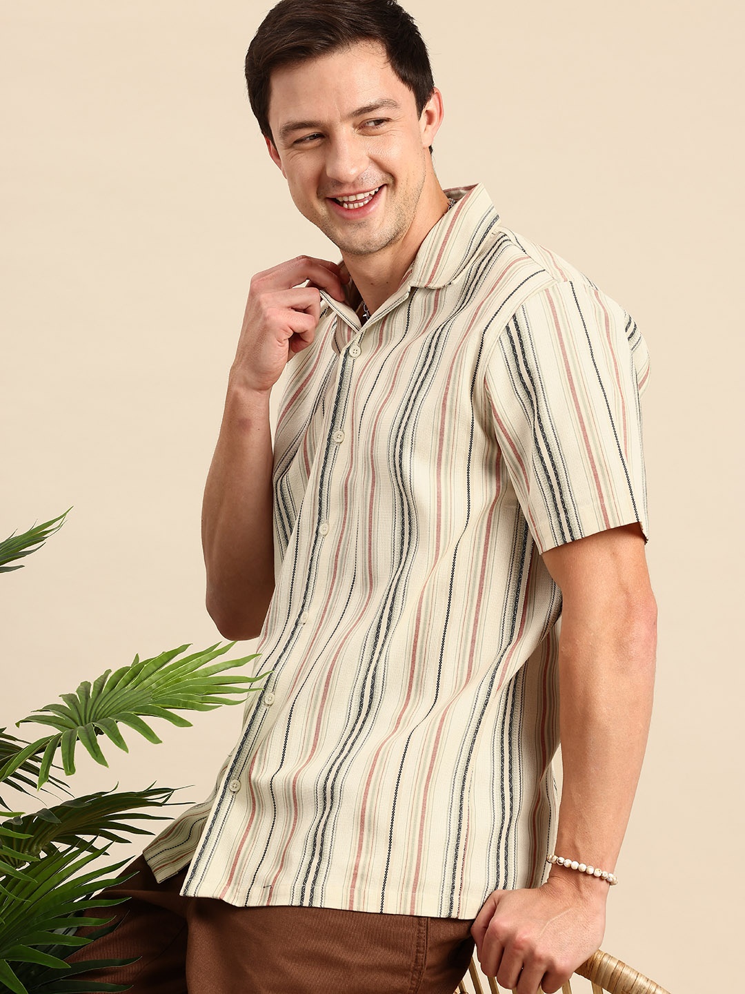 

Mast & Harbour Men Relaxed Striped Cuban Collar Casual Shirt, Beige