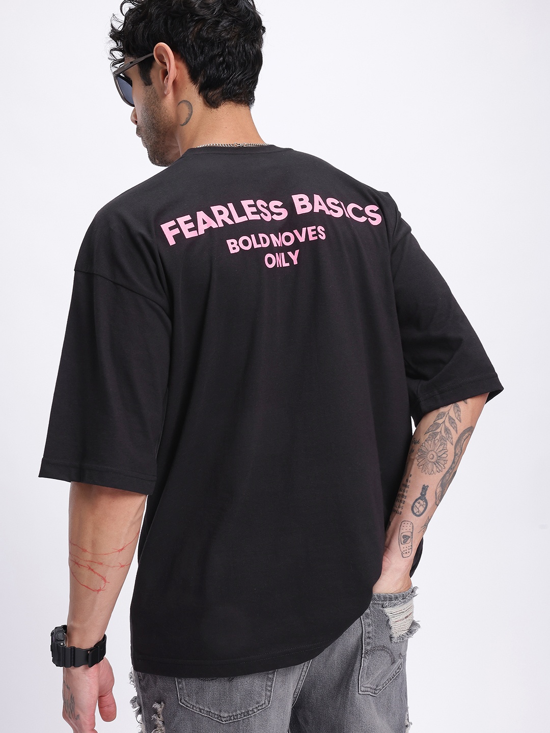 

glitchez Speaking Phrases Drop-Shoulder Sleeves Oversized T-shirt, Black