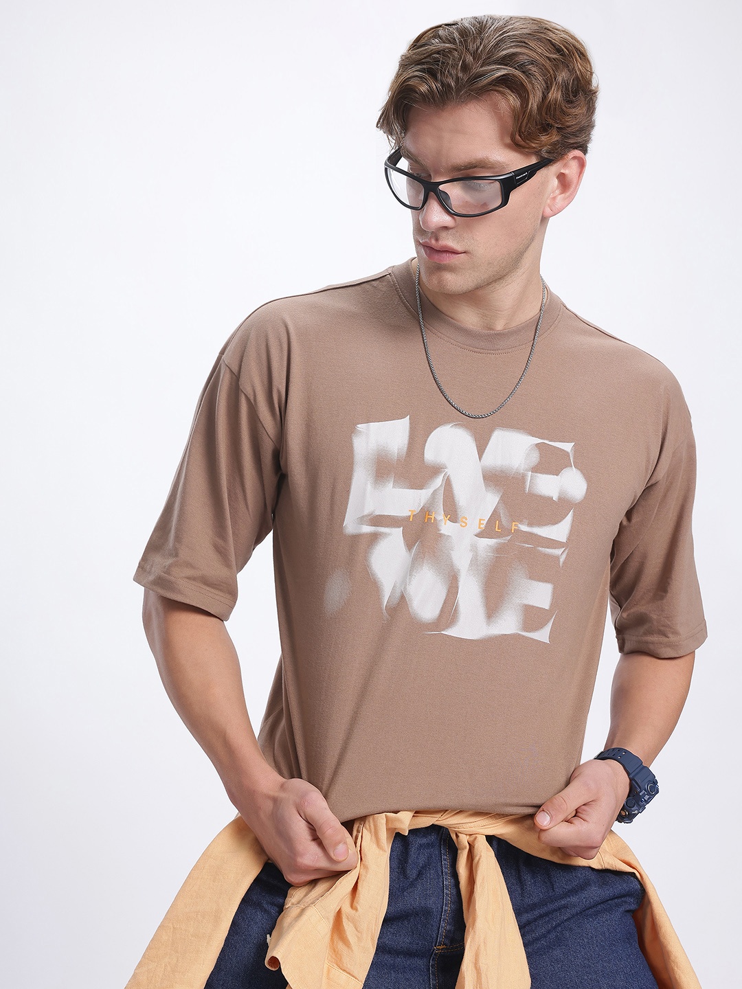 

glitchez Comfort Casuals Printed Drop-Shoulder Relaxed T-shirt, Brown