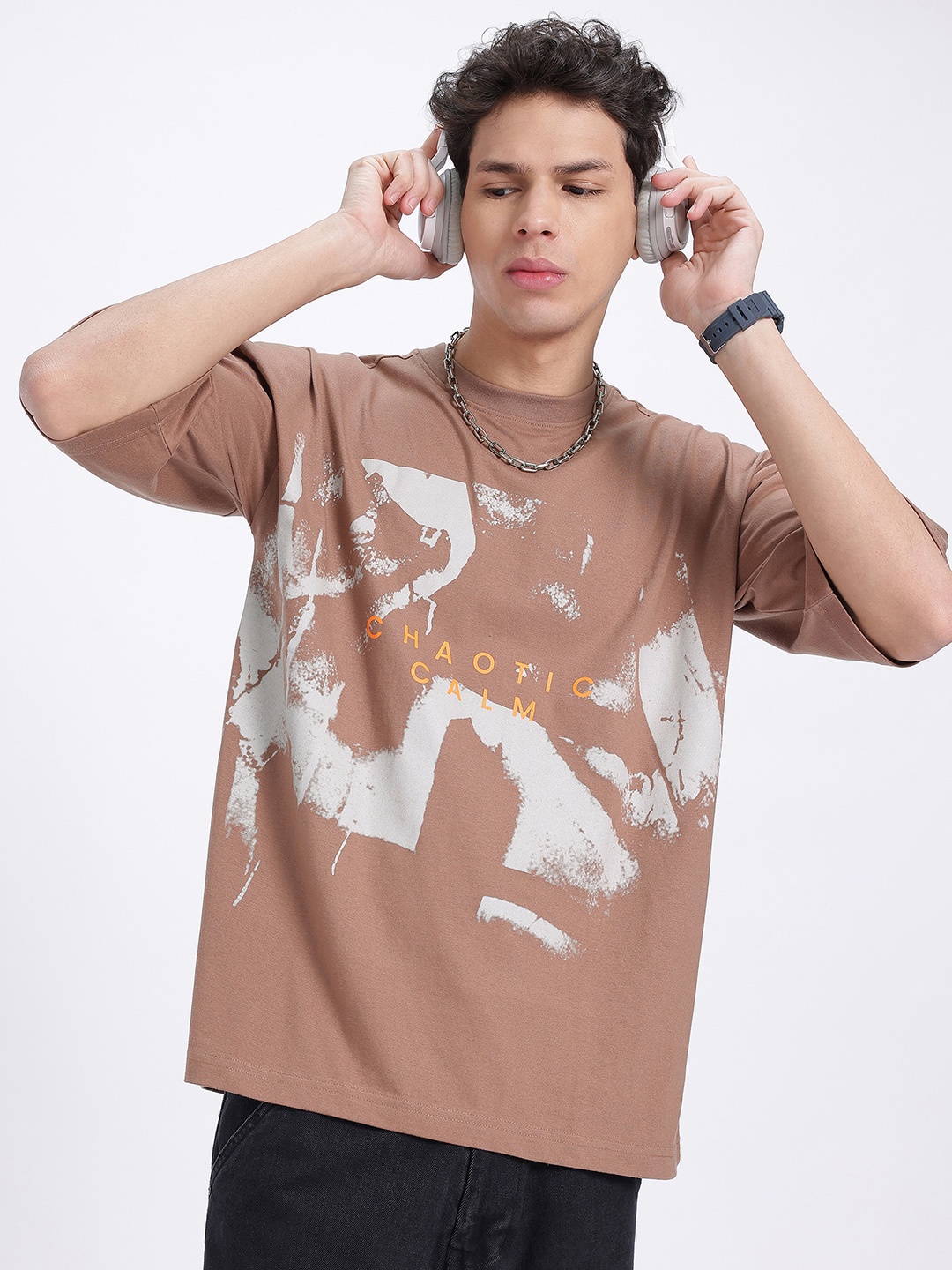 

glitchez Chaotic Calm Printed Drop-Shoulder T-shirt, Brown