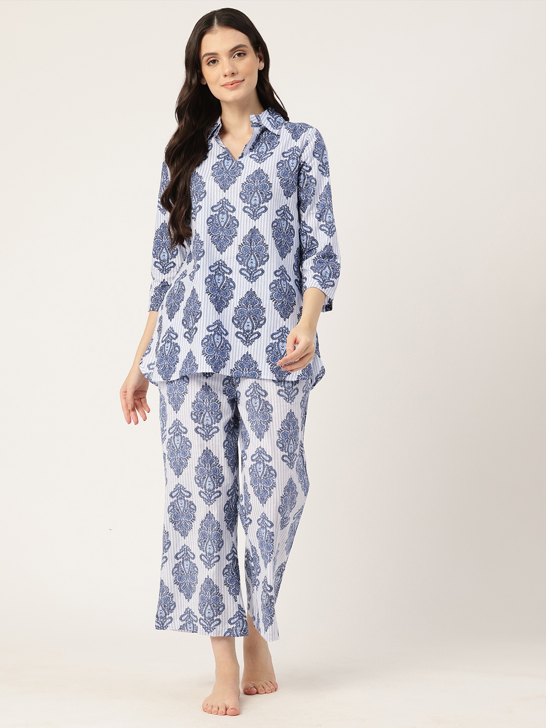 

ETC ETC Ethnic Motifs Printed Pure Cotton Night Suit, Blue