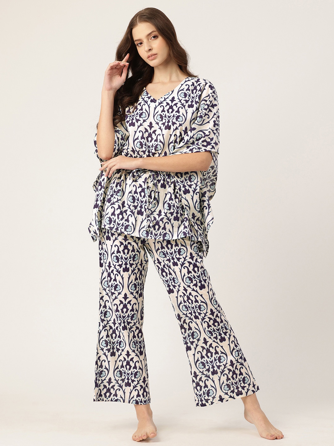 

ETC Ethnic Motifs Printed Pure Cotton Kaftan Night Suit, Na