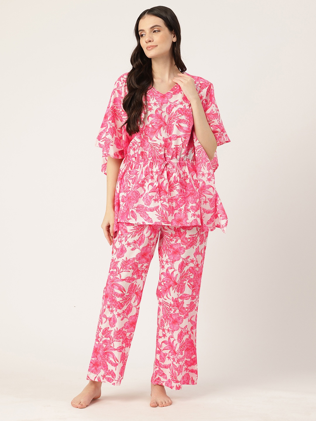 

ETC Floral Printed Pure Cotton Kaftan Night Suit, Pink