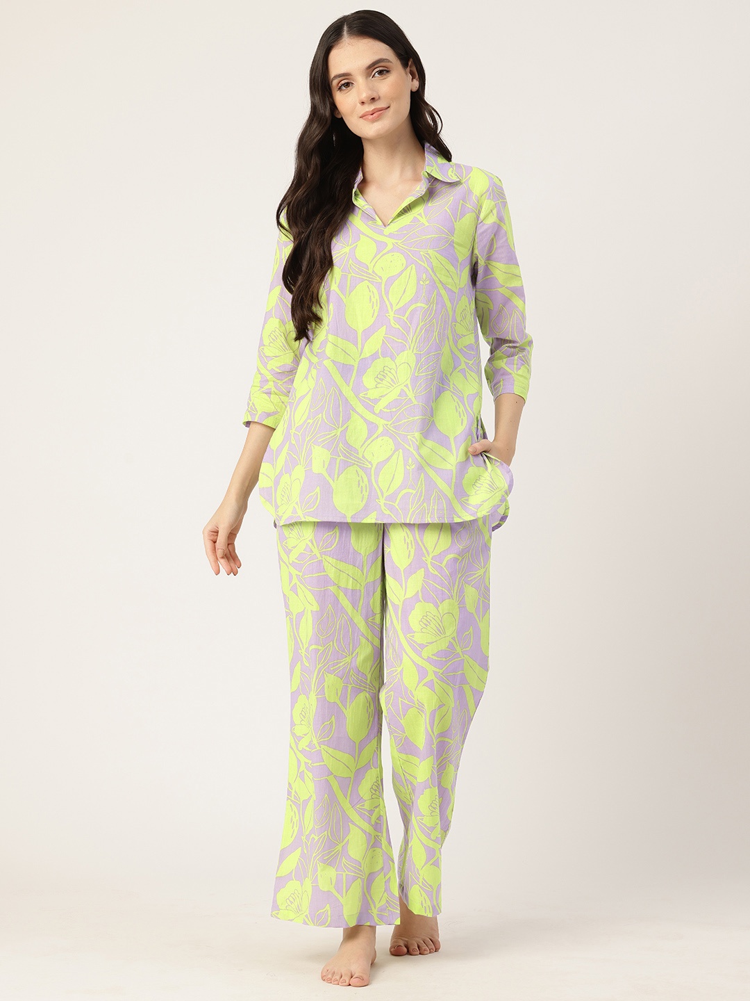 

ETC Floral Printed Pure Cotton Night Suit, Lavender