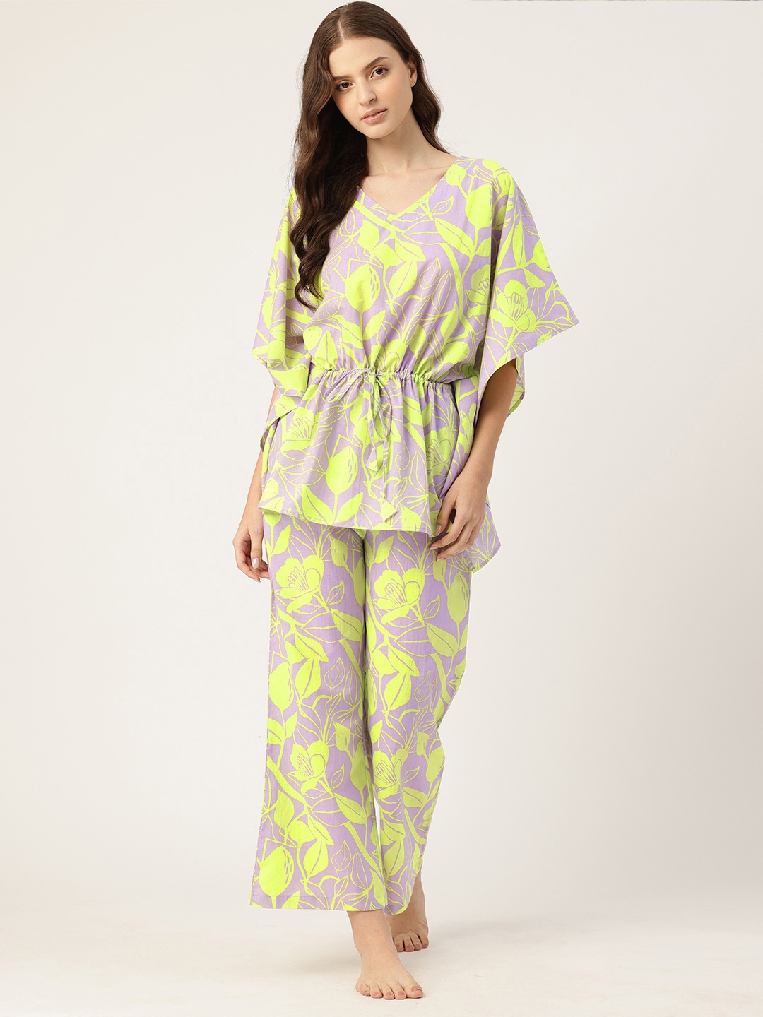 

ETC Floral Printed Pure Cotton Kaftan Night Suit, Lavender