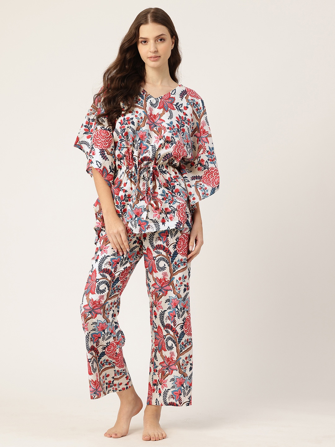 

ETC Floral Printed Pure Cotton Kaftan Night Suit, White