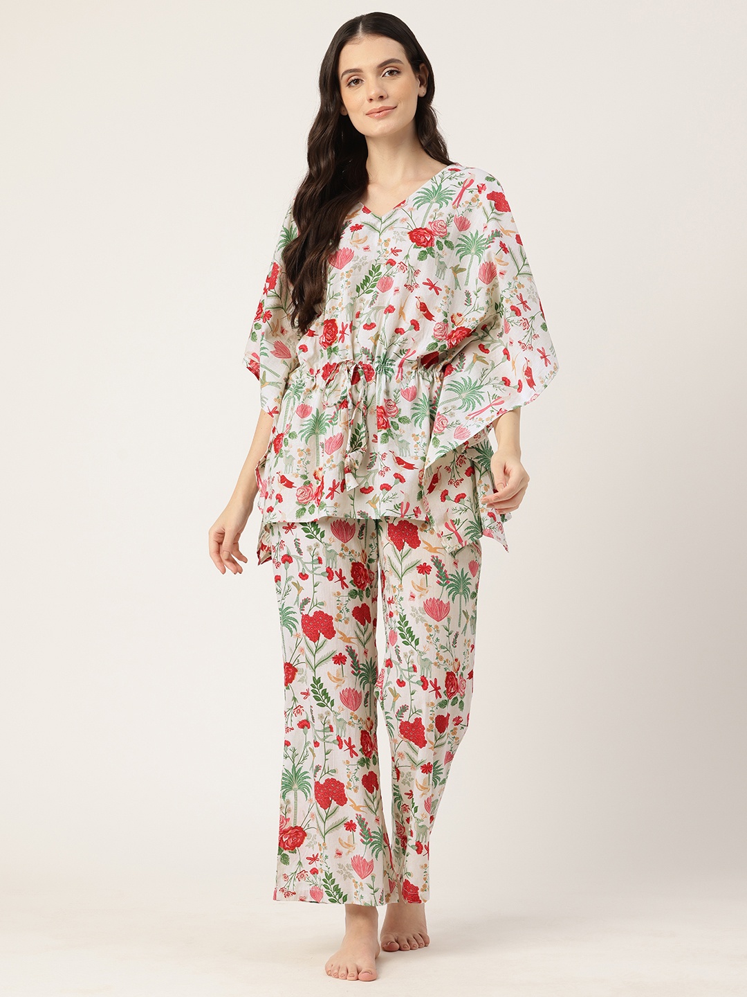 

ETC Floral Printed Pure Cotton Kaftan Night Suit, White