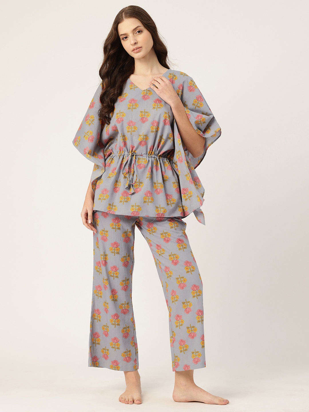 

ETC Floral Printed Pure Cotton Kaftan Night Suit, Grey