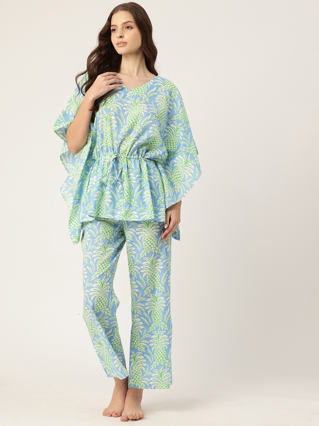 

ETC Conversational Printed Pure Cotton Kaftan Night Suit, Blue