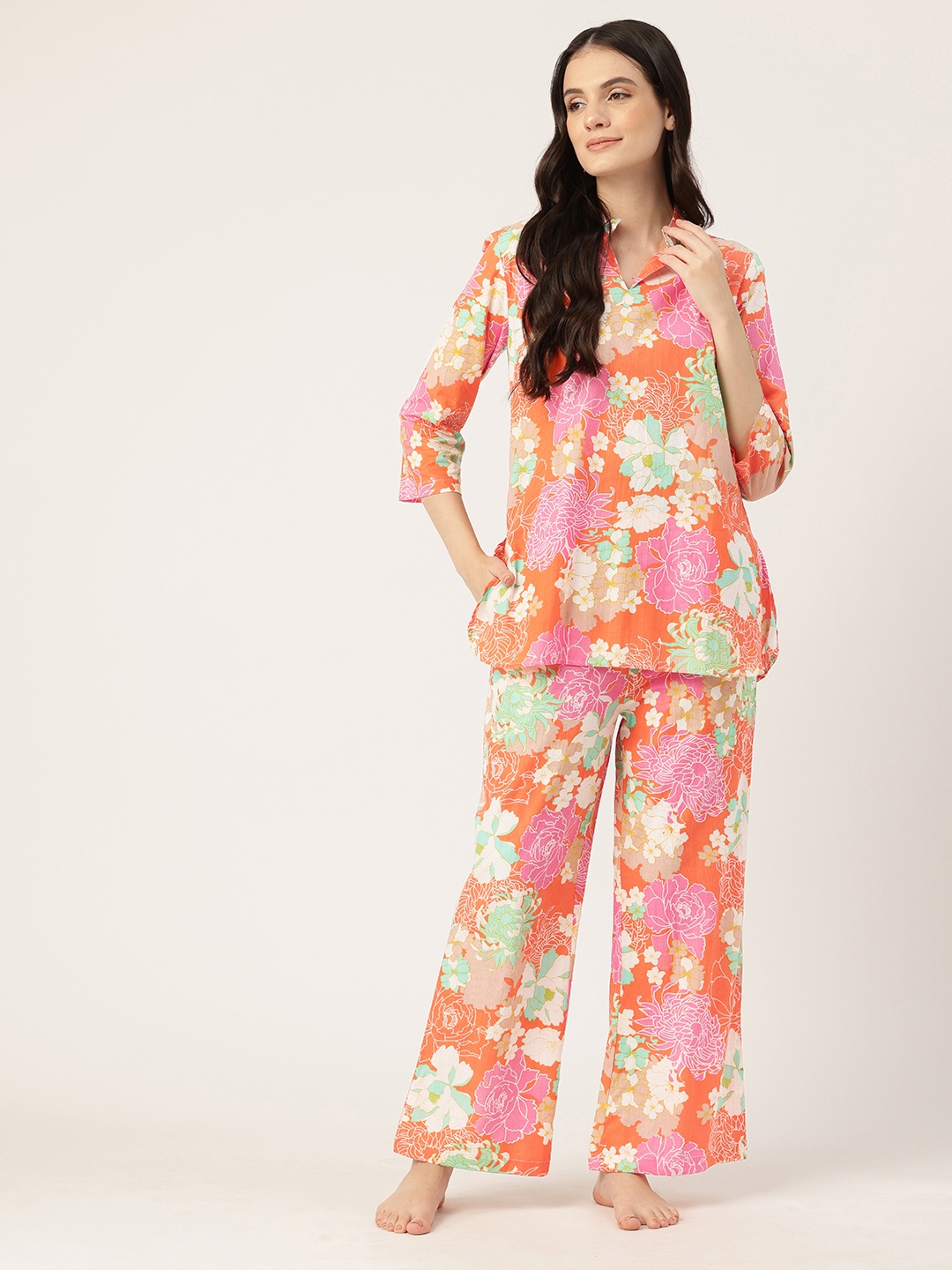 

ETC Floral Printed Pure Cotton Night Suit, Orange