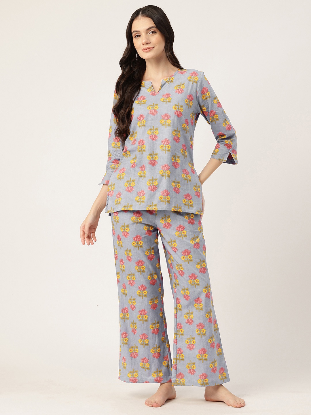 

ETC Floral Printed Pure Cotton Night Suit, Grey