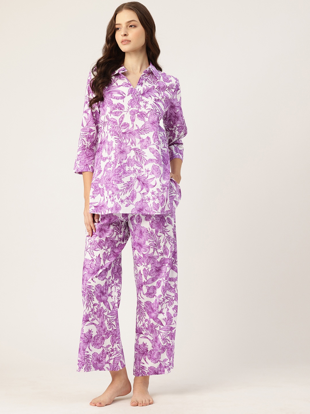 

ETC Floral Printed Pure Cotton Kaftan Night Suit, Purple