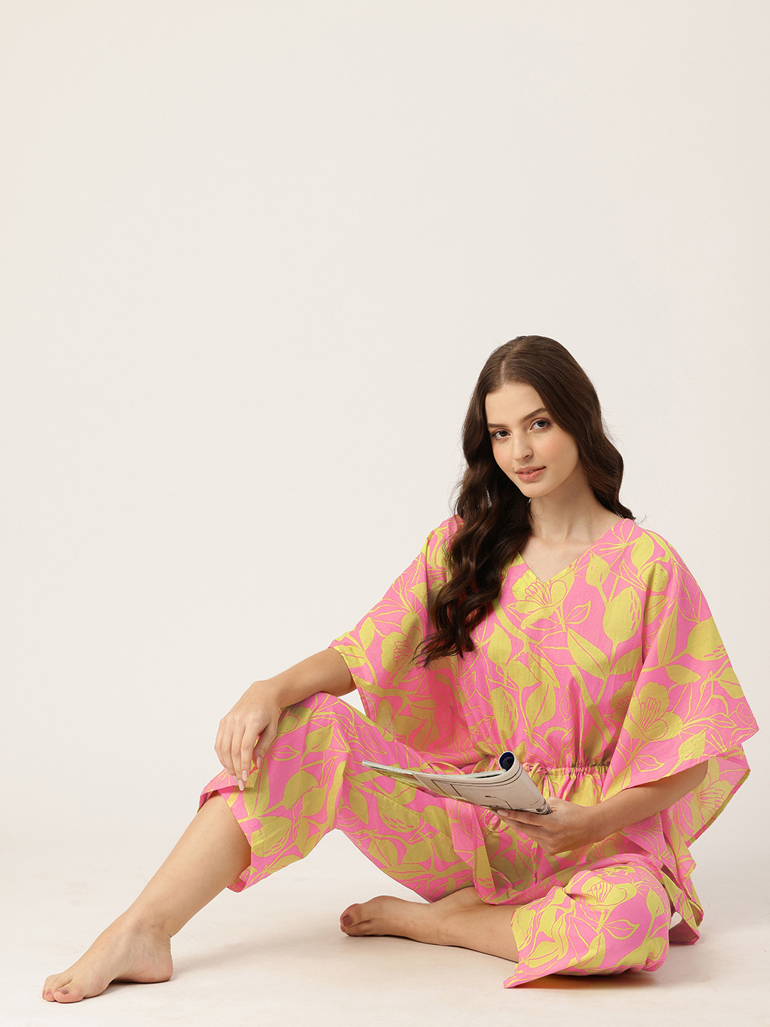 

ETC Floral Printed Pure Cotton Kaftan Night Suit, Pink