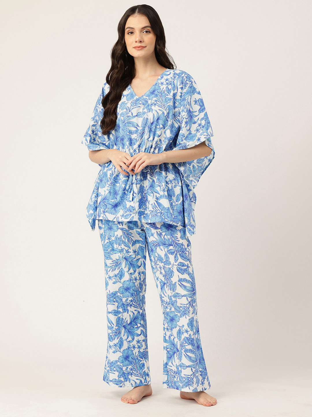 

ETC Floral Printed Pure Cotton Kaftan Night Suit, Blue