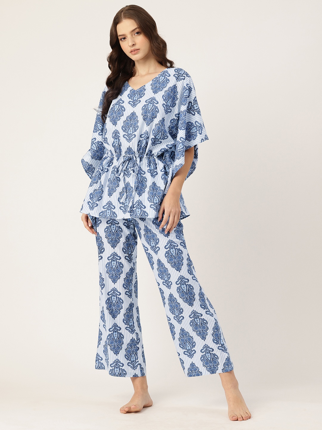 

ETC Ethnic Motifs Printed Pure Cotton Kaftan Night Suit, Blue