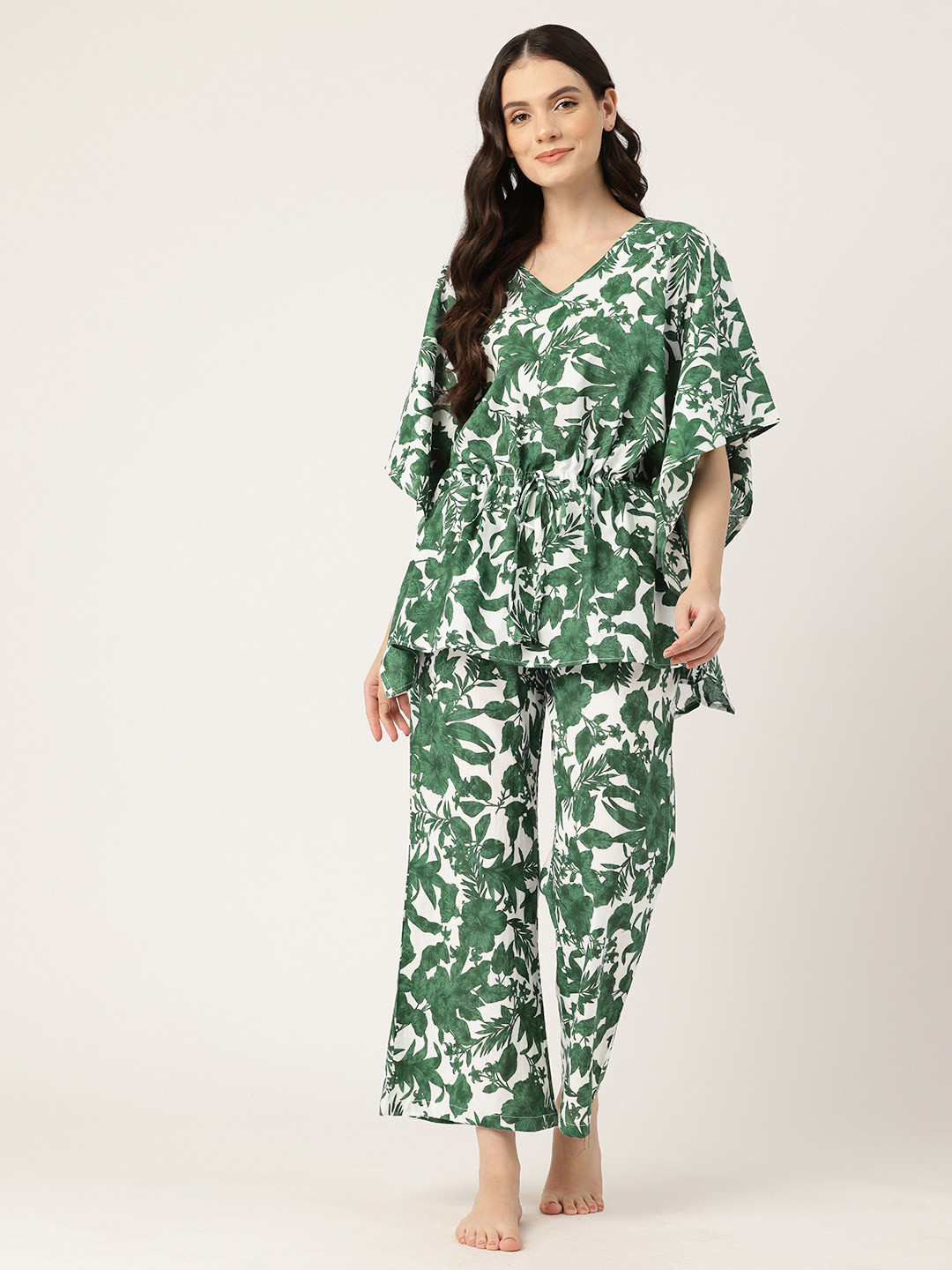 

ETC Floral Printed Pure Cotton Kaftan Night Suit, Green