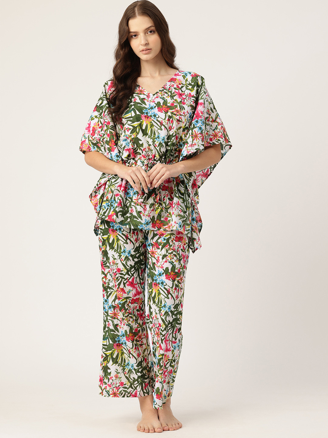 

ETC Women Floral Printed Kaftan Top Pure Cotton Night suit, White