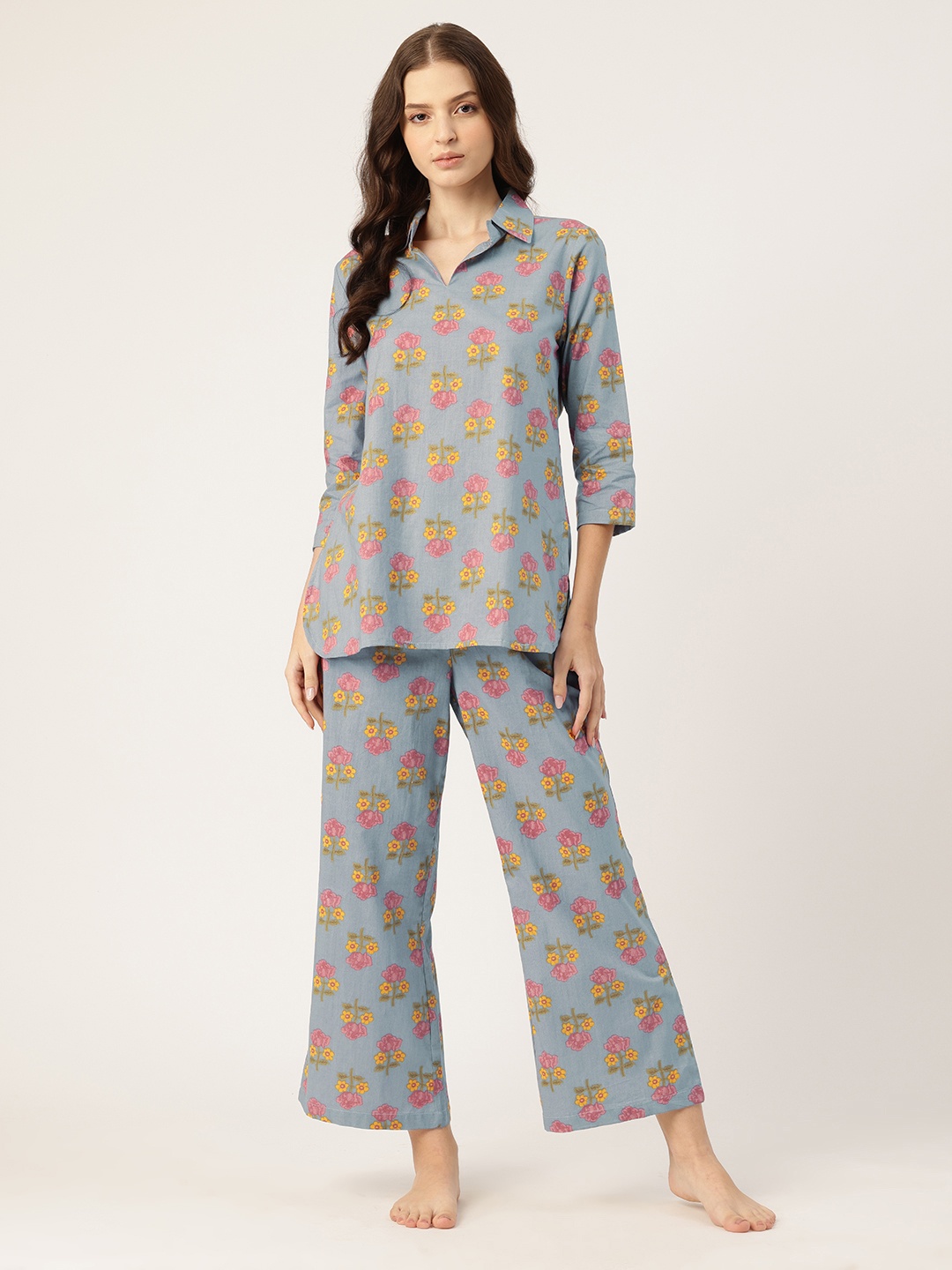 

ETC Floral Printed Shirt Collar Pure Cotton Night suit, Grey