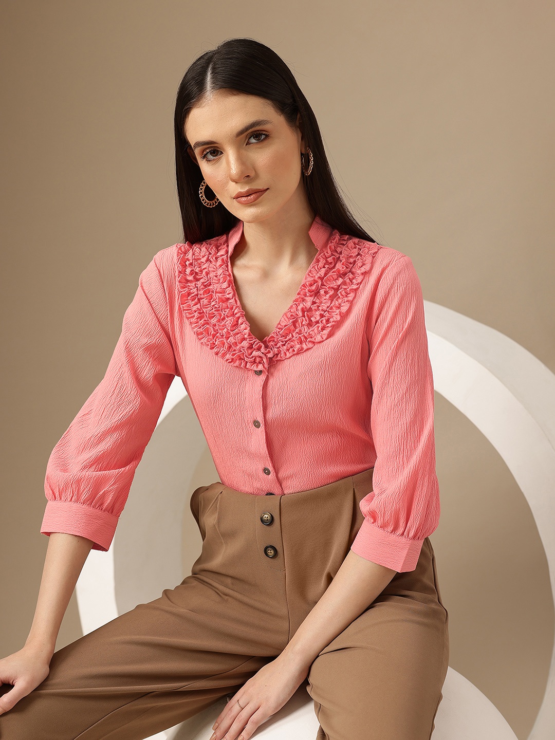 

Chemistry Mandarin Collar Puff Sleeve Ruffles Crepe Shirt Style Top, Pink