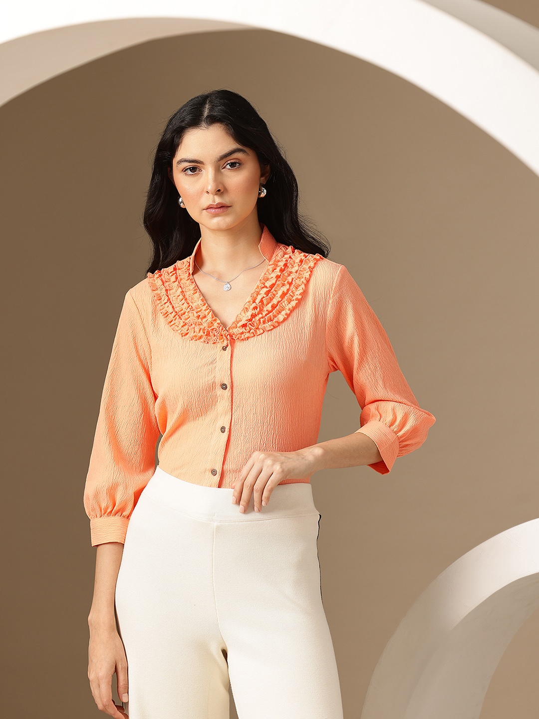 

Chemistry Mandarin Collar Puff Sleeves Ruffles Crepe Shirt Style Top, Peach