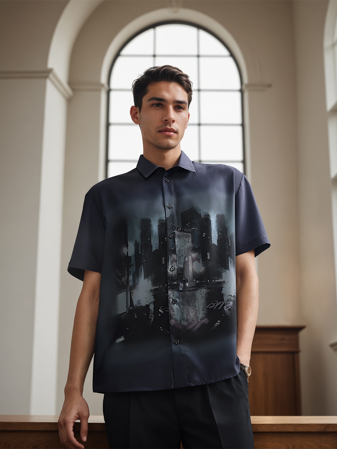 

H&M Printed Short Sleeve Shirt, Navy blue