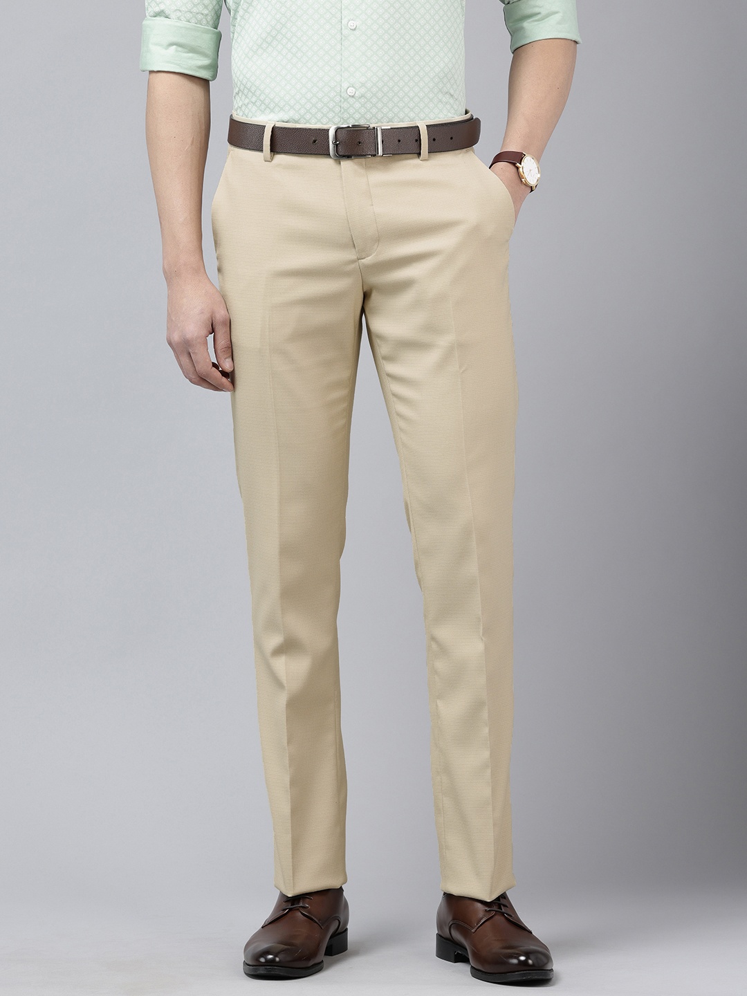 

Arrow Men Hudson Tailored Fit Textured Formal Trousers, Beige