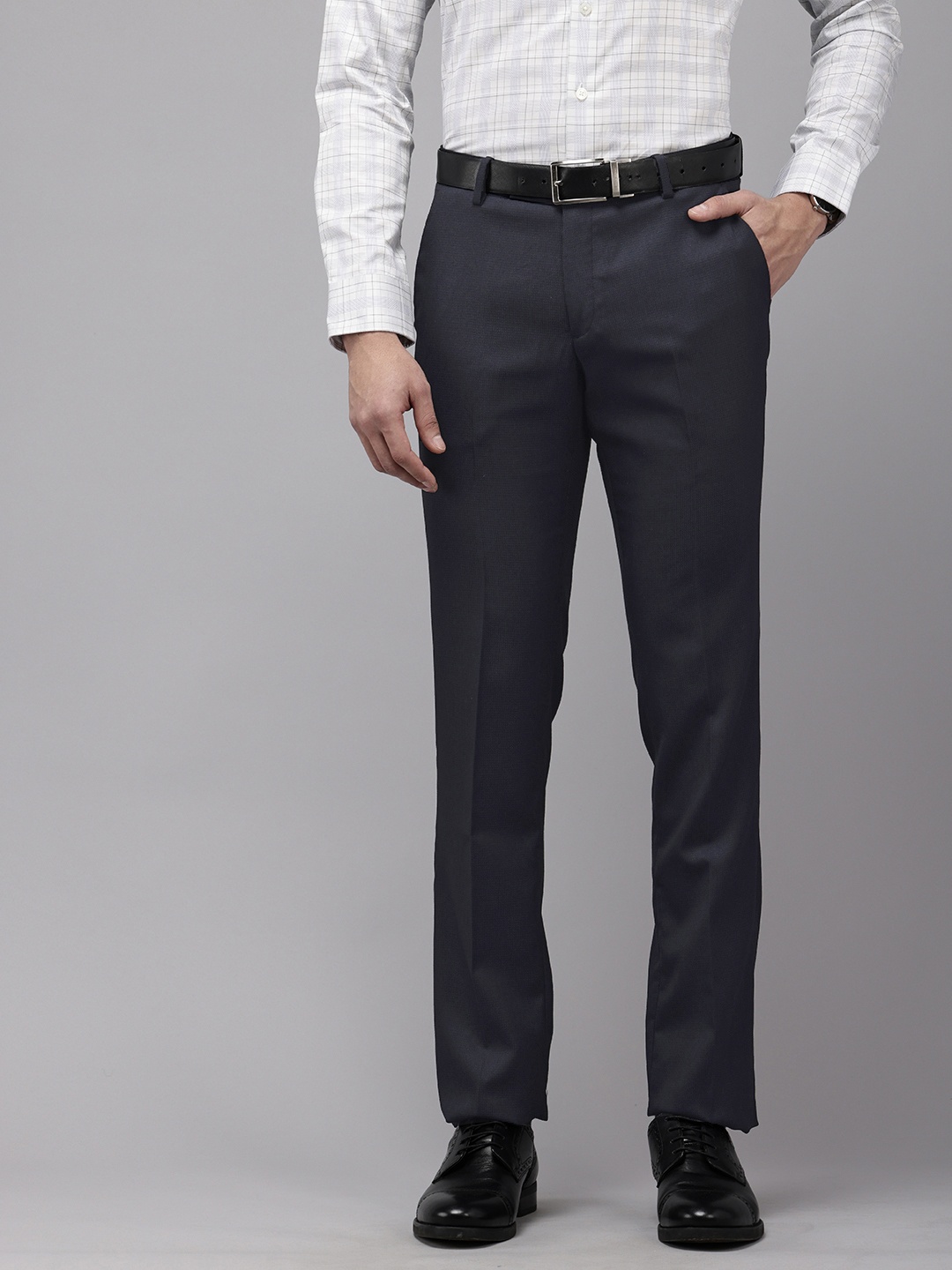 

Arrow Men Textured Original Tapered Fit Formal Trousers, Navy blue