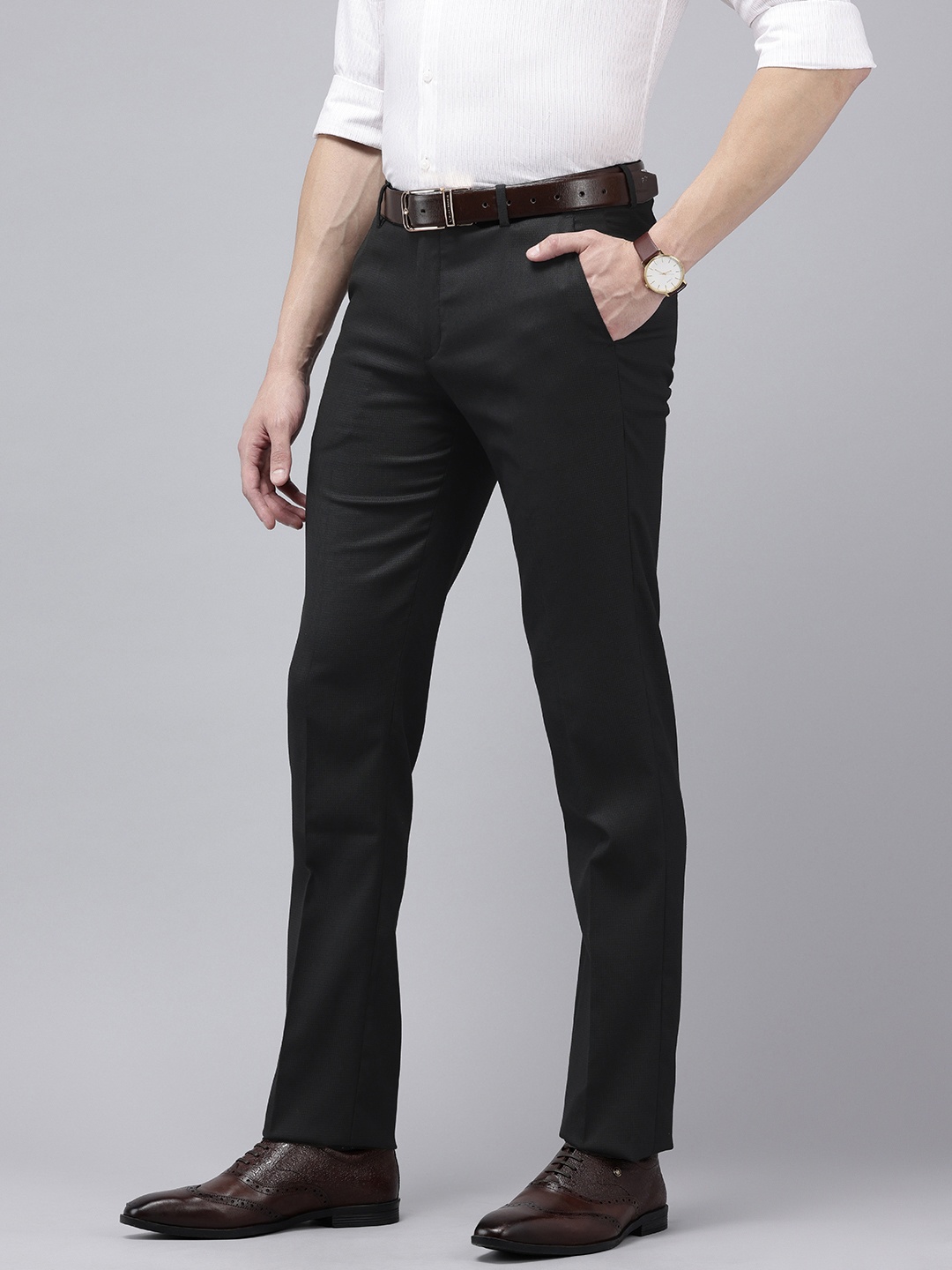 Arrow Men Hudson Tailored Fit Textured Formal Trousers, Black