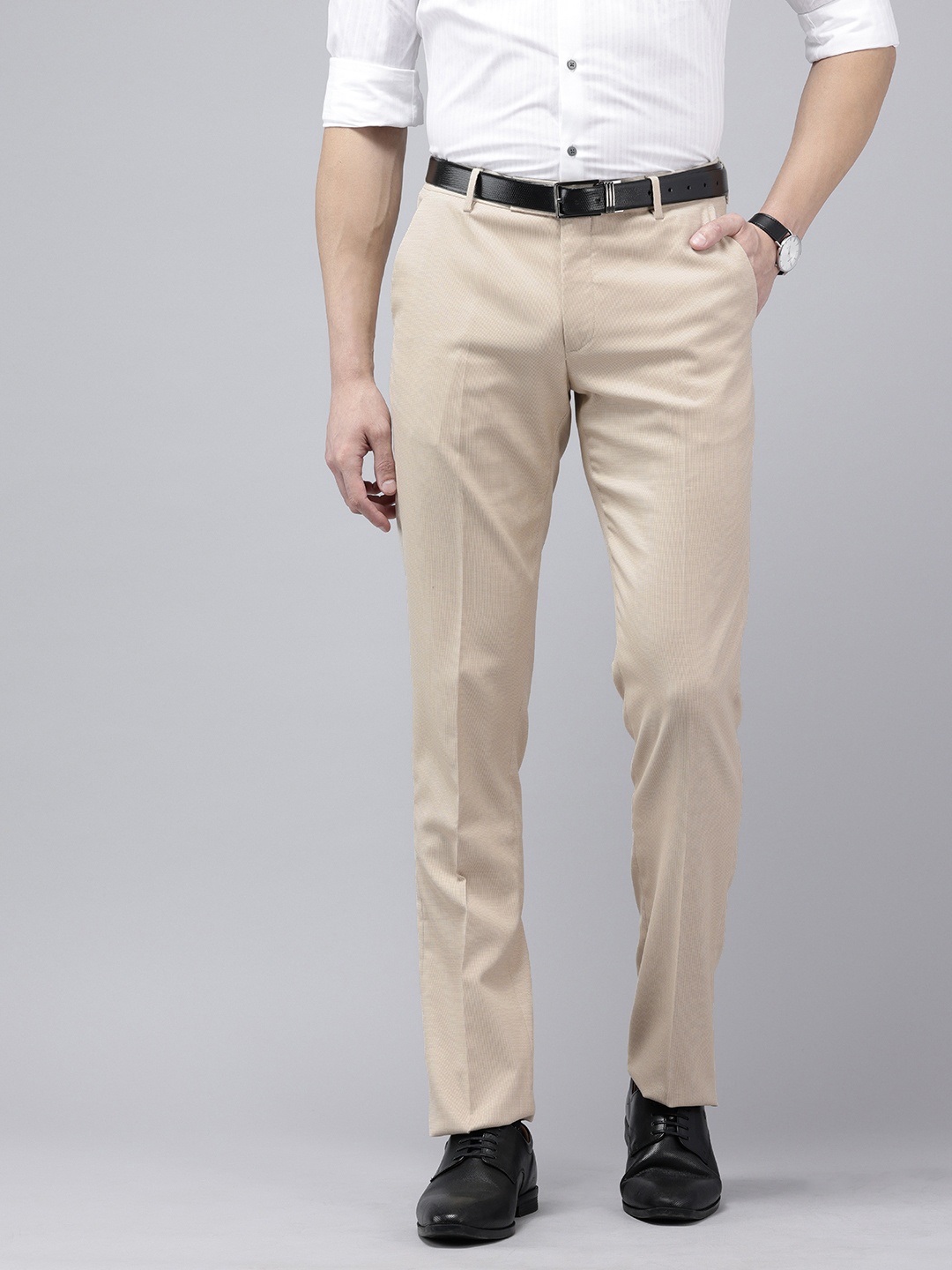 

Arrow Men Hudson Tailored Fit Textured Formal Trousers, Beige