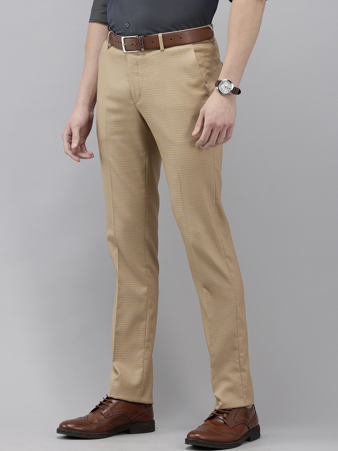 

Arrow Men Checked Original Tapered Fit Formal Trousers, Khaki