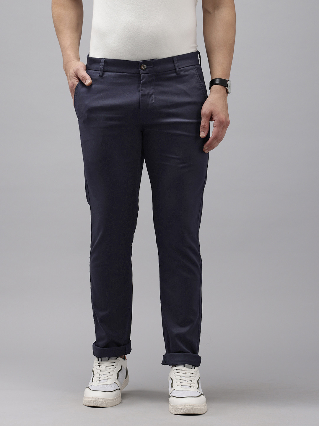 

Arrow Men Textured Bronson Slim Fit Low-Rise Trousers, Navy blue