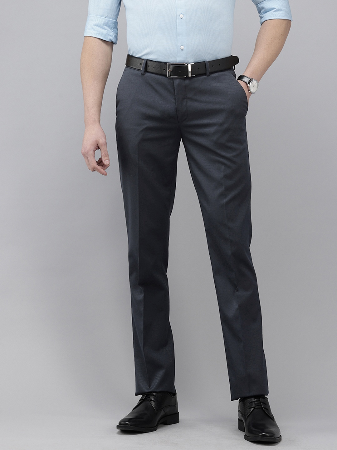 

Arrow Men Self Design Textured Hudson Tailored Tapered Fit Formal Trousers, Navy blue