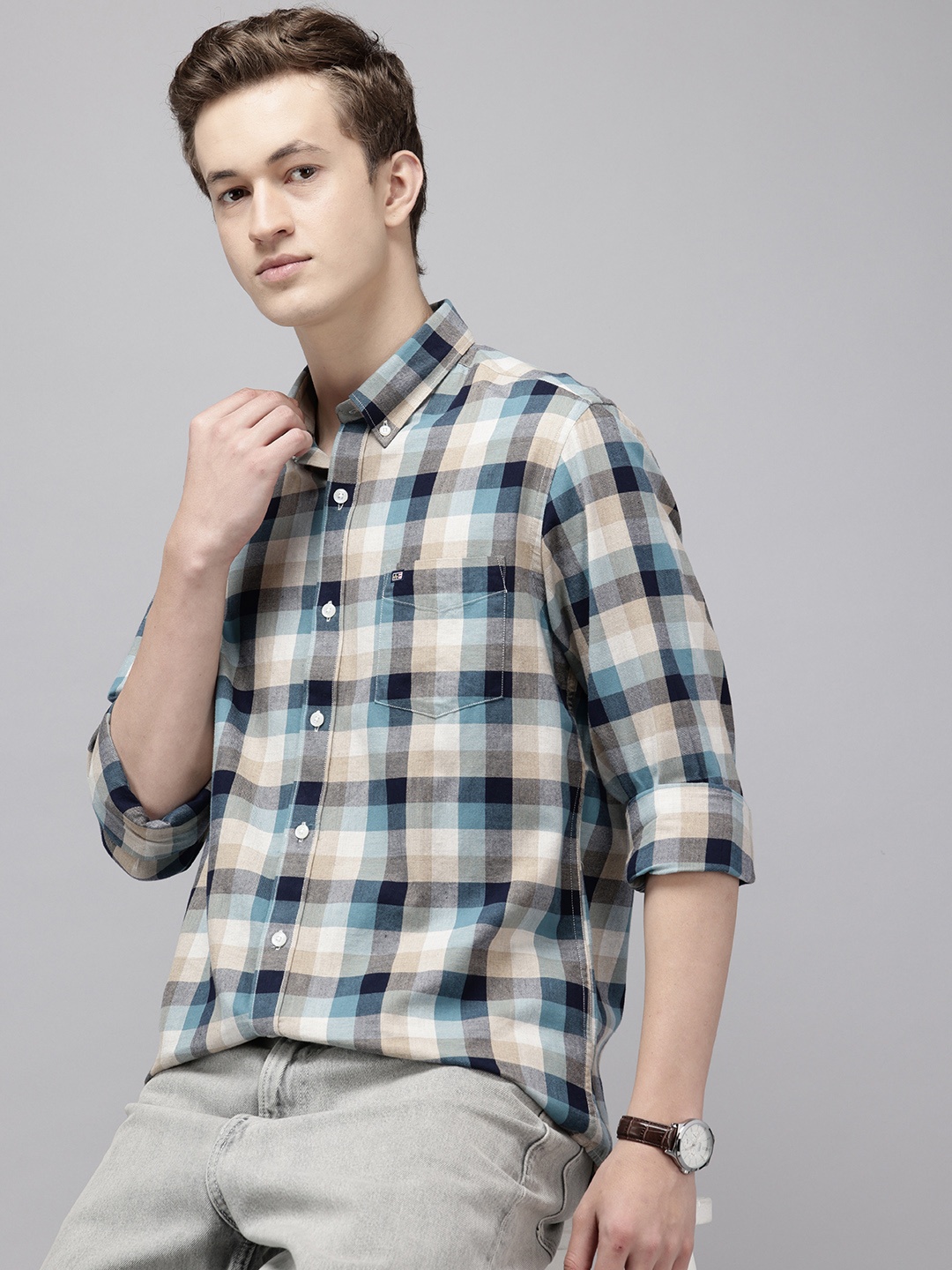 

Arrow Pure Cotton Manhattan Slim Fit Checked Casual Shirt, Green