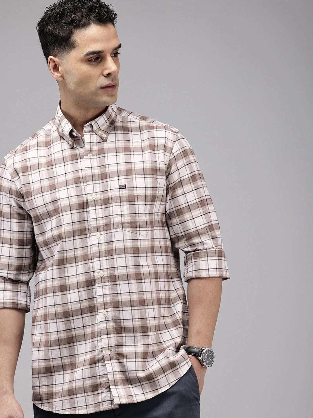 

Arrow Pure Cotton Manhattan Slim Fit Opaque Checked Casual Shirt, Brown